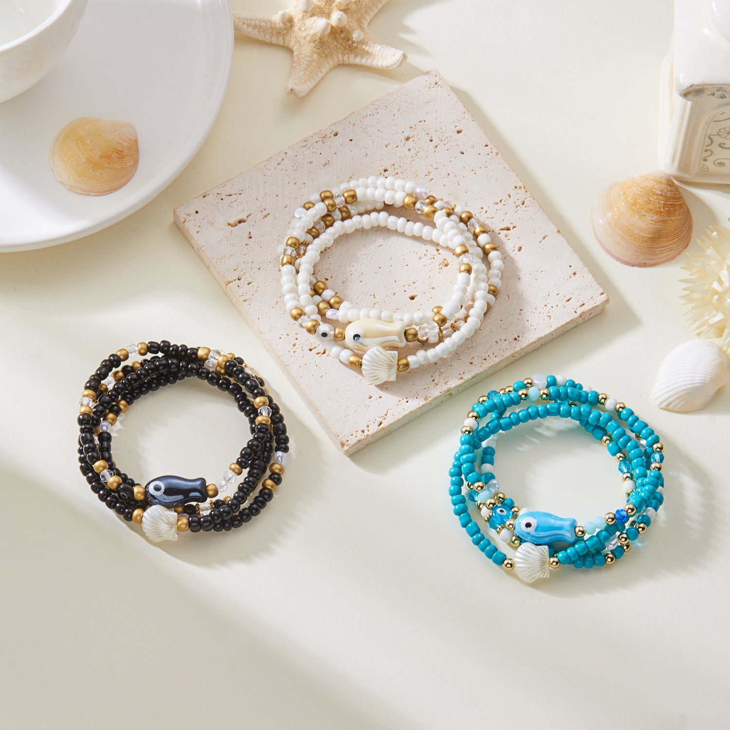 Wholesale Ceramic fish shell rice bead bracelet 4 pieces set